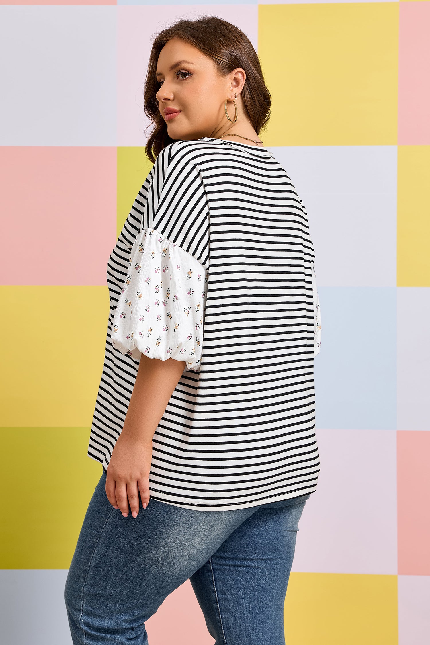 Black Stripe Plus Size Striped Short Sleeve Top With Floral Puff Sleeves-Plus Size/Plus Size Tops/Plus Size Blouses & Shirts-[Adult]-[Female]-2022 Online Blue Zone Planet