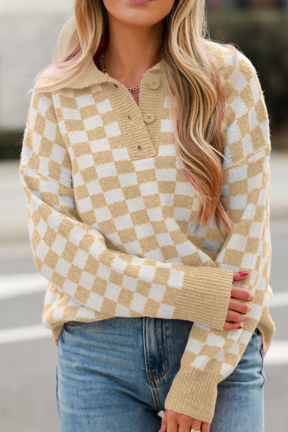 Checkered Collared Neck Long Sleeve Sweater-TOPS / DRESSES-[Adult]-[Female]-Tan-M-2022 Online Blue Zone Planet