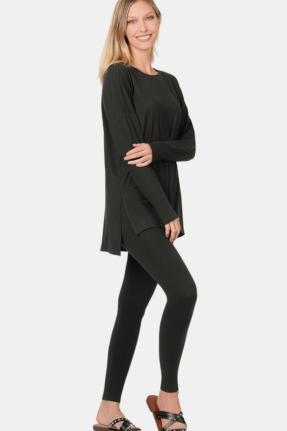 Blue Zone Planet | Zenana Full Size Brushed Microfiber Top and Leggings Lounge Set-TOPS / DRESSES-[Adult]-[Female]-Black-S-2022 Online Blue Zone Planet