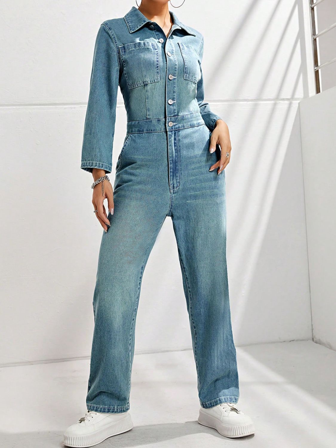 Half Button Long Sleeve Straight Leg Denim Jumpsuit-TOPS / DRESSES-[Adult]-[Female]-Light-XS-2022 Online Blue Zone Planet