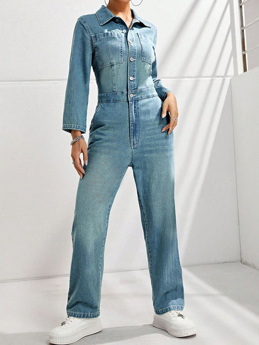 Half Button Long Sleeve Straight Leg Denim Jumpsuit-TOPS / DRESSES-[Adult]-[Female]-Light-XS-2022 Online Blue Zone Planet