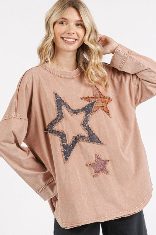 Mittoshop Mineral Wash Star Patch Long Sleeve T-Shirt-TOPS / DRESSES-[Adult]-[Female]-2022 Online Blue Zone Planet