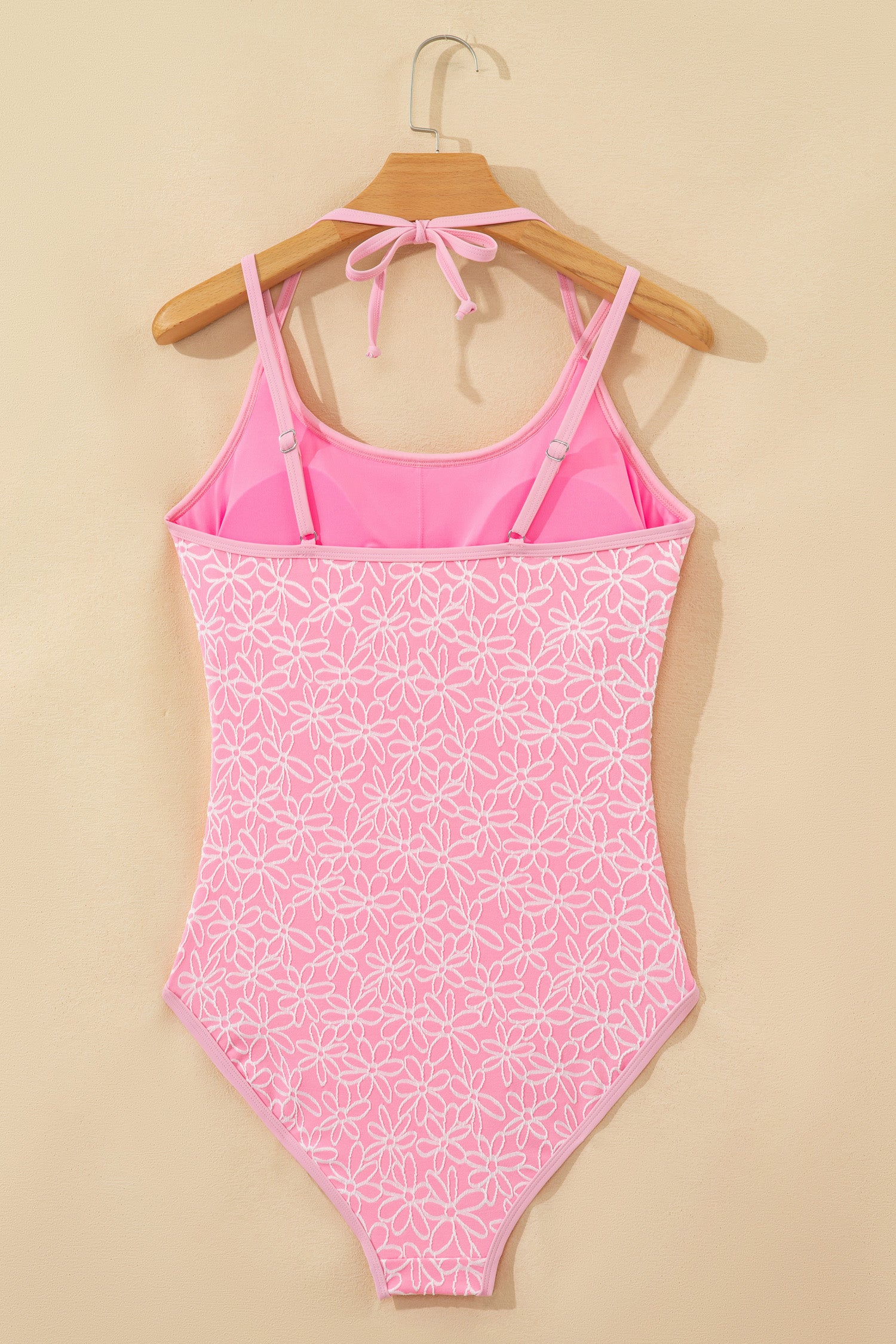 Pink Corded Flower Texture Spaghetti Straps Halterneck One Piece Swimsuit-Swimwear/One Piece Swimsuit-[Adult]-[Female]-2022 Online Blue Zone Planet