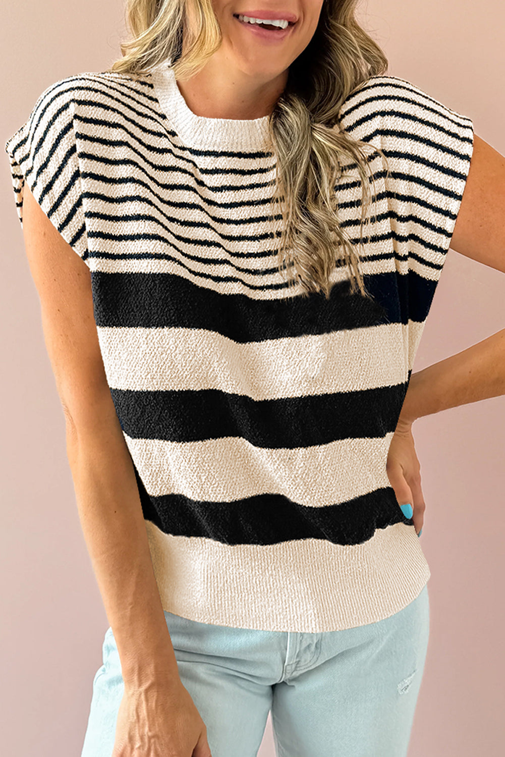 Blue Zone Planet | Black White Striped Sleeveless Knit Top-Knit Tops-[Adult]-[Female]-Black white-S-2022 Online Blue Zone Planet