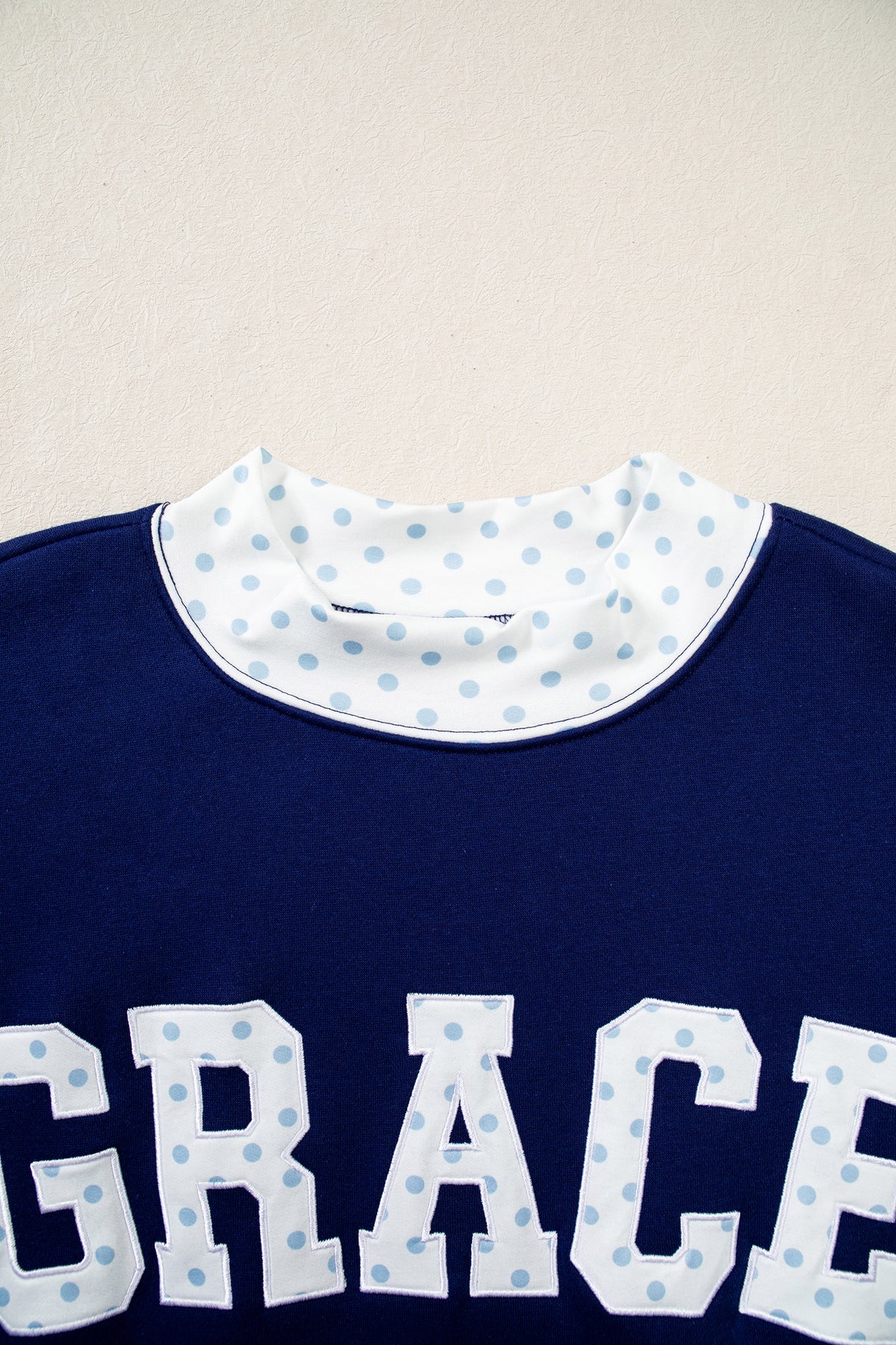 Dirty blue Polka Dot Trim High Neck GRACE Letter Graphic Baggy Sweatshirt-Tops/Sweatshirts & Hoodies-[Adult]-[Female]-2022 Online Blue Zone Planet