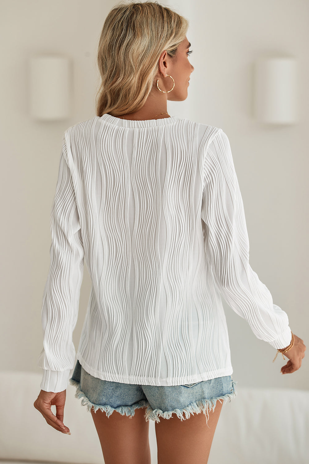 Blue Zone Planet | White Wavy Textured Solid Color Drop Shoulder Pullover Top-Long Sleeve Tops-[Adult]-[Female]-2022 Online Blue Zone Planet