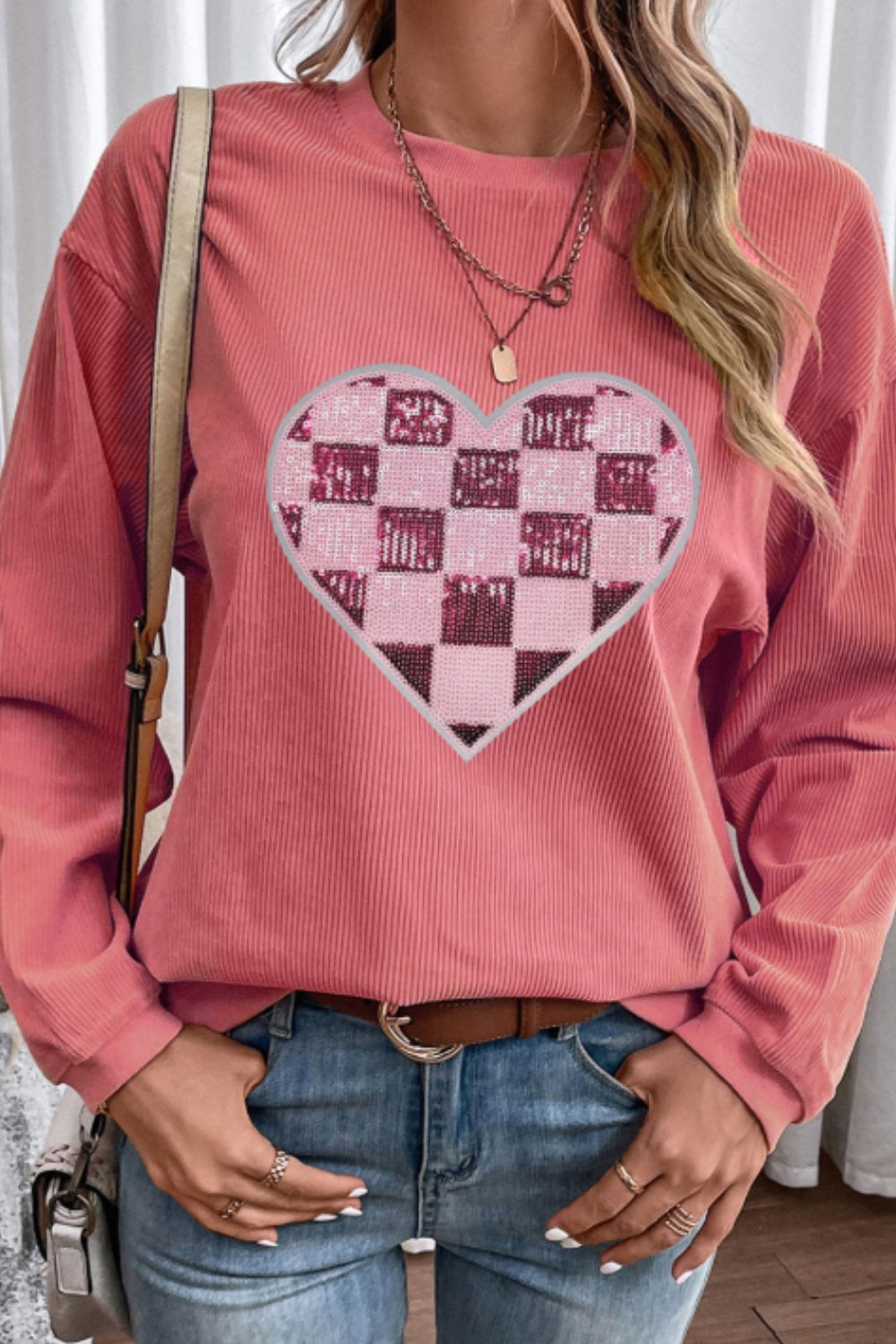 Valentine’s Day Sequin Checkered Heart Long Sleeve Sweatshirt-TOPS / DRESSES-[Adult]-[Female]-2022 Online Blue Zone Planet