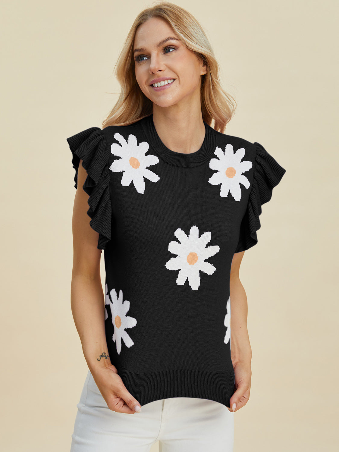 Double Take Full Size Ruffled Flower Round Neck Cap Sleeve Sweater-TOPS / DRESSES-[Adult]-[Female]-Black-S-2022 Online Blue Zone Planet