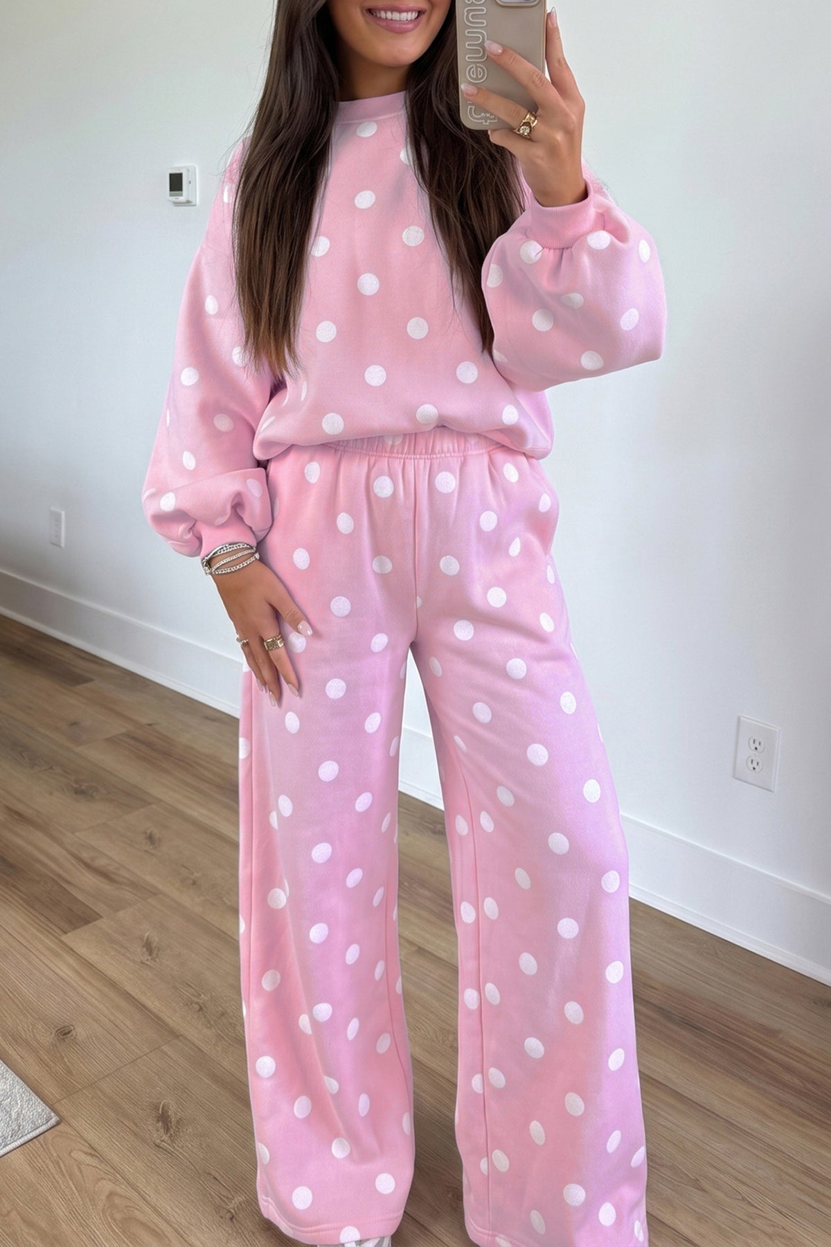 Pink Polka Dot Puff Sleeve Top Casual Pants 2pcs Set-Two Piece Sets/Pant Sets-[Adult]-[Female]-Pink-S-2022 Online Blue Zone Planet