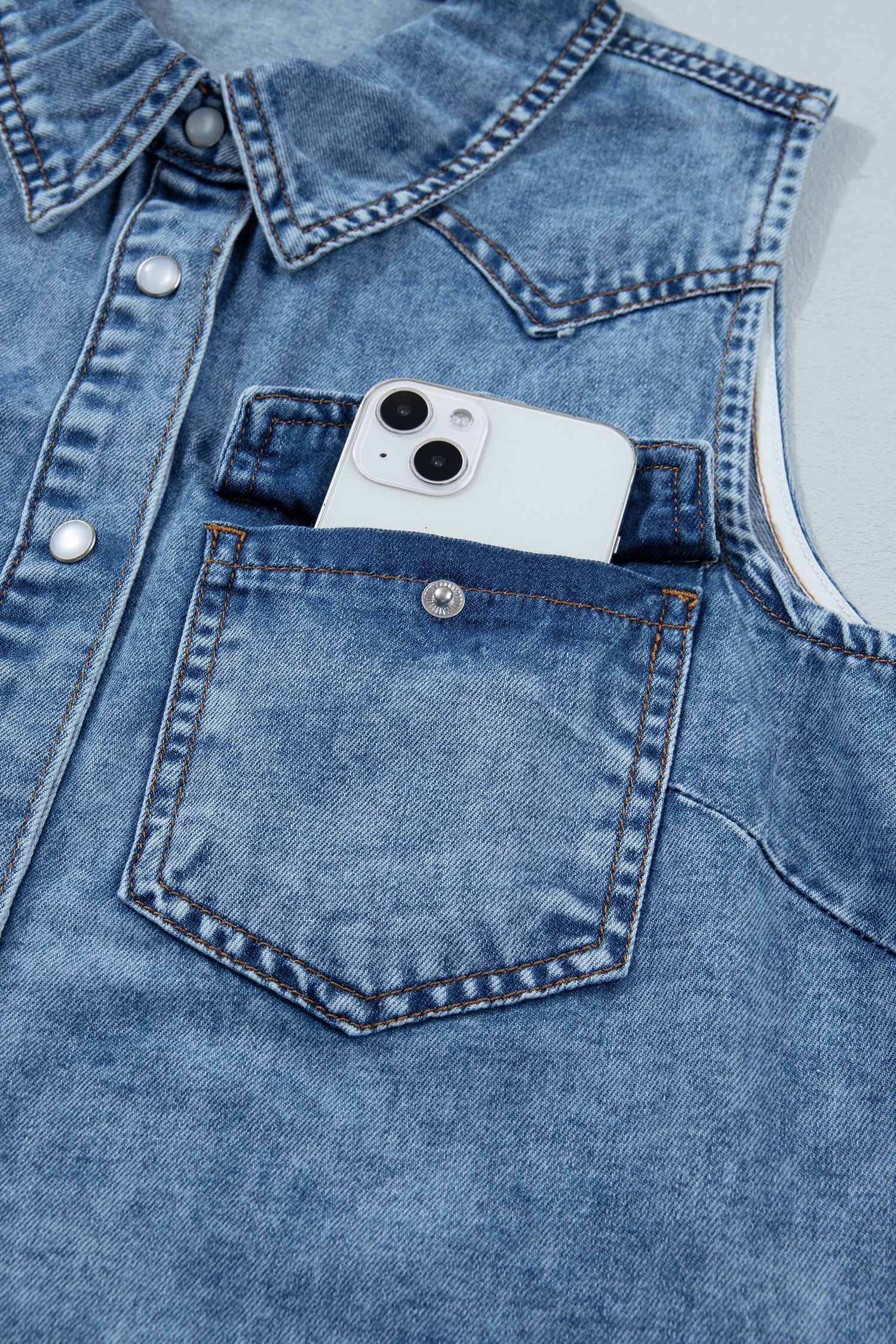Dusk Blue Buttoned Front Collared Sleeveless Denim Vest-Tops/Tank Tops-[Adult]-[Female]-2022 Online Blue Zone Planet
