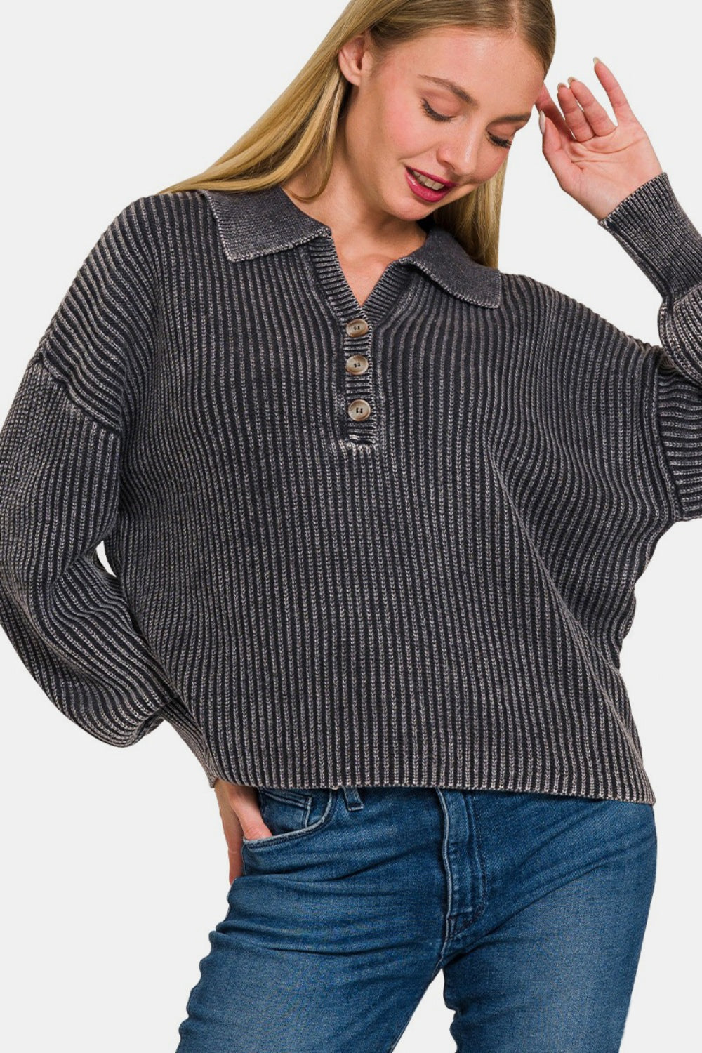 Zenana Washed Half Button Long Sleeve Sweater-TOPS / DRESSES-[Adult]-[Female]-2022 Online Blue Zone Planet