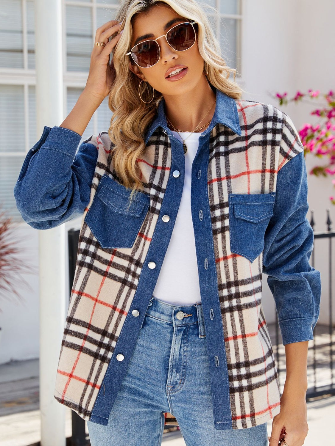 Plaid Long Sleeve Denim Jacket-TOPS / DRESSES-[Adult]-[Female]-2022 Online Blue Zone Planet