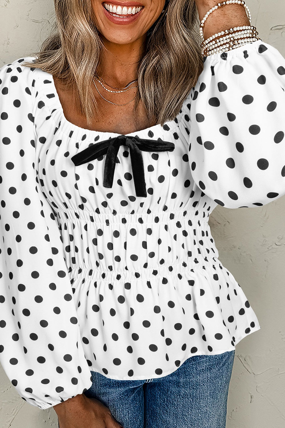 Bow Polka Dot Square Neck Long Sleeve Blouse-TOPS / DRESSES-[Adult]-[Female]-White-S-2022 Online Blue Zone Planet