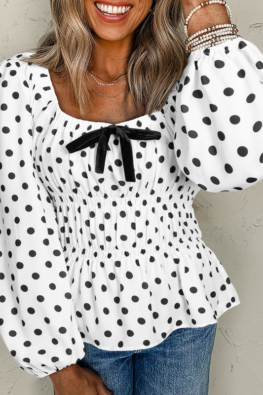 Bow Polka Dot Square Neck Long Sleeve Blouse-TOPS / DRESSES-[Adult]-[Female]-White-S-2022 Online Blue Zone Planet