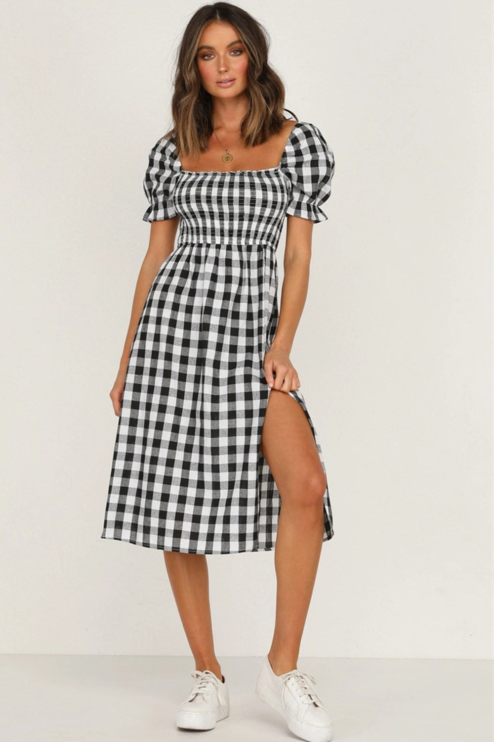 Full Size Slit Plaid Short Sleeve Midi Dress-TOPS / DRESSES-[Adult]-[Female]-2022 Online Blue Zone Planet