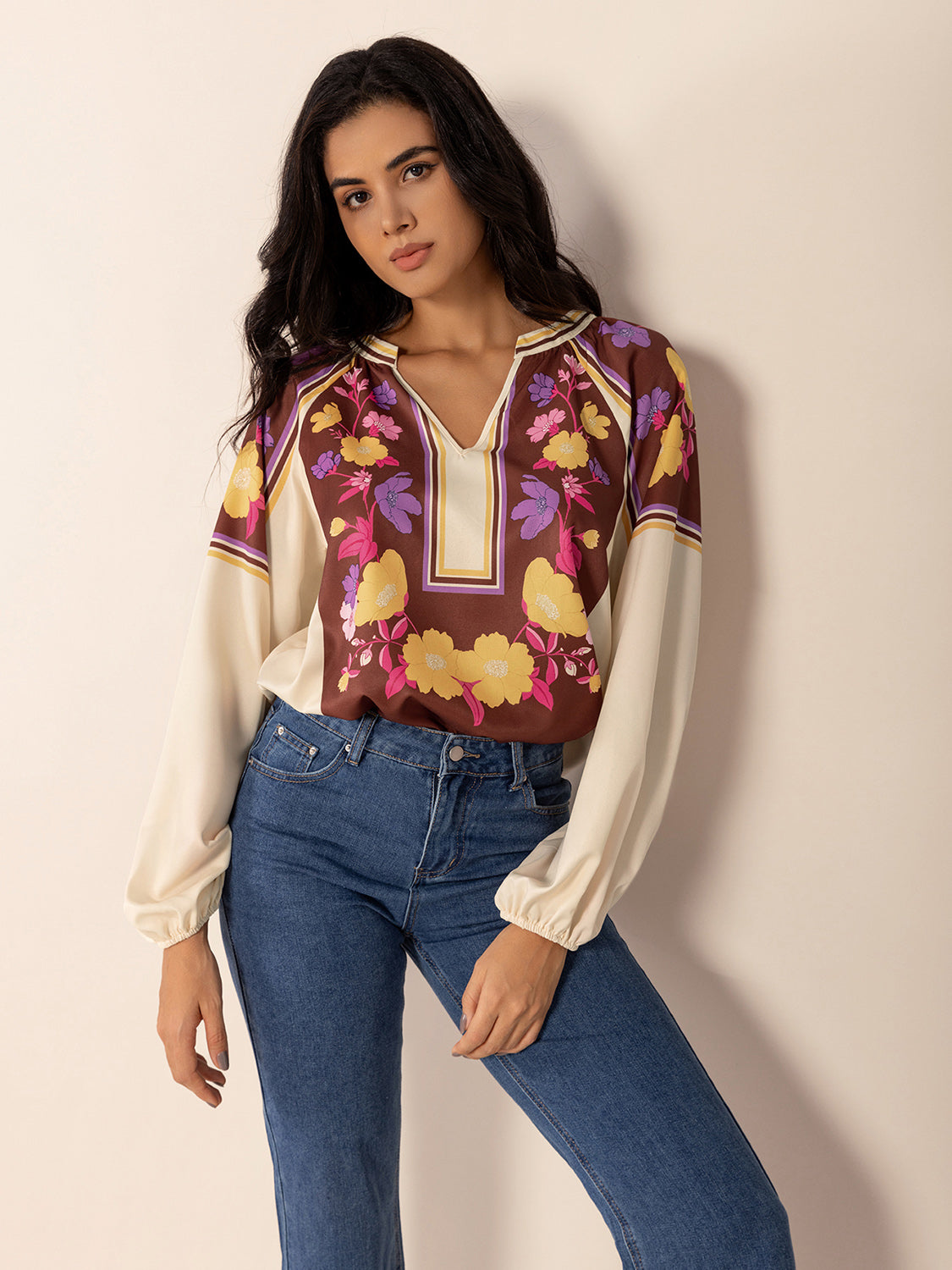 Printed Notched Long Sleeve Blouse-TOPS / DRESSES-[Adult]-[Female]-Multicolor-S-2022 Online Blue Zone Planet