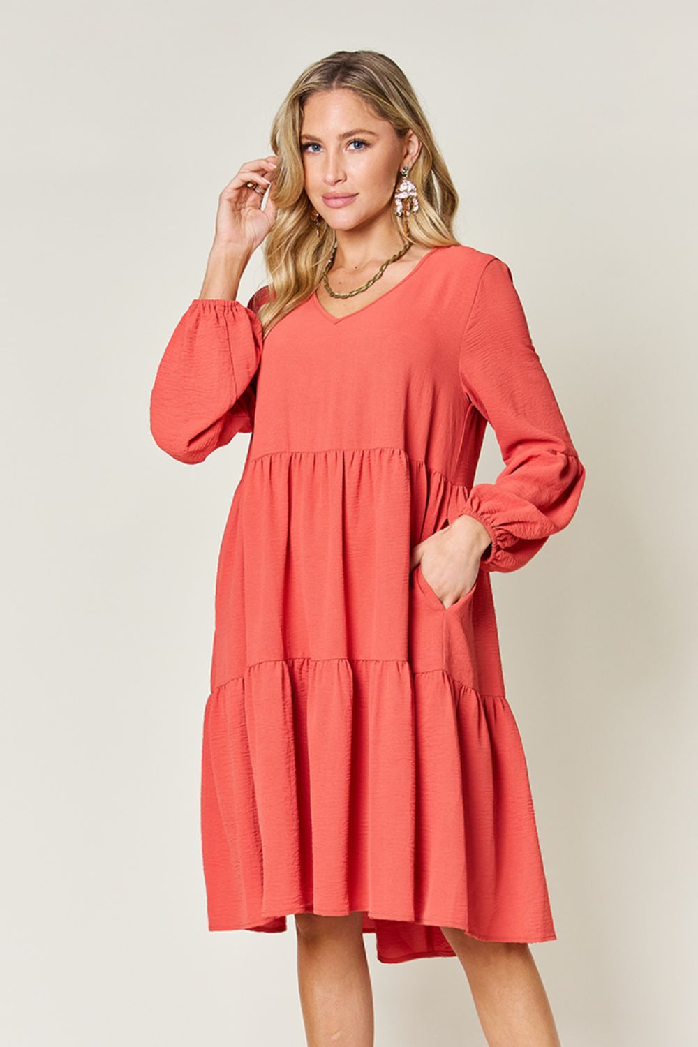 Blue Zone Planet | Double Take Full Size V-Neck Balloon Sleeve Tiered Dress-TOPS / DRESSES-[Adult]-[Female]-Coral-S-2022 Online Blue Zone Planet