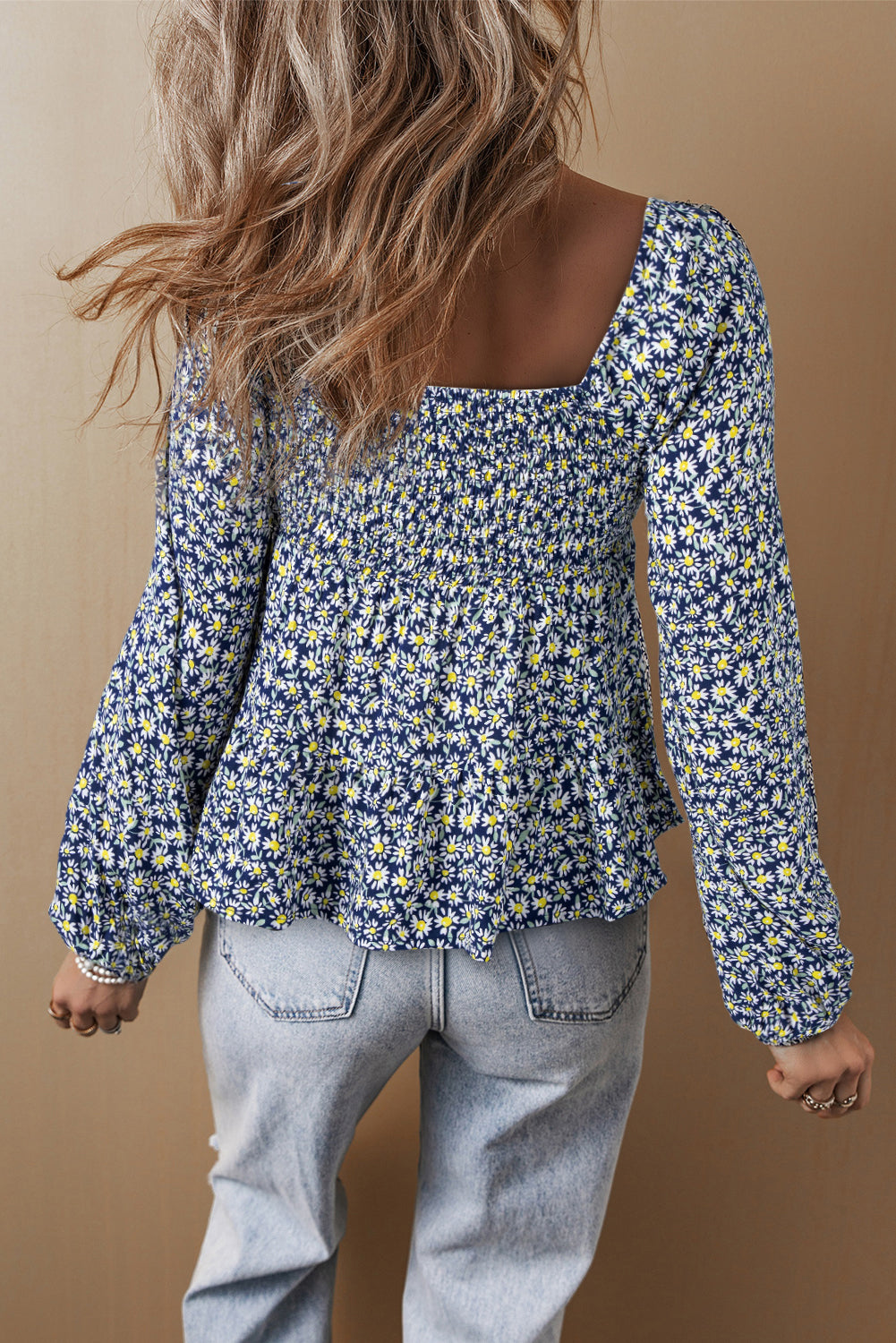 Blue Boho Floral Print Smocked Square Neck Loose Fit Blouse-Tops/Blouses & Shirts-[Adult]-[Female]-2022 Online Blue Zone Planet