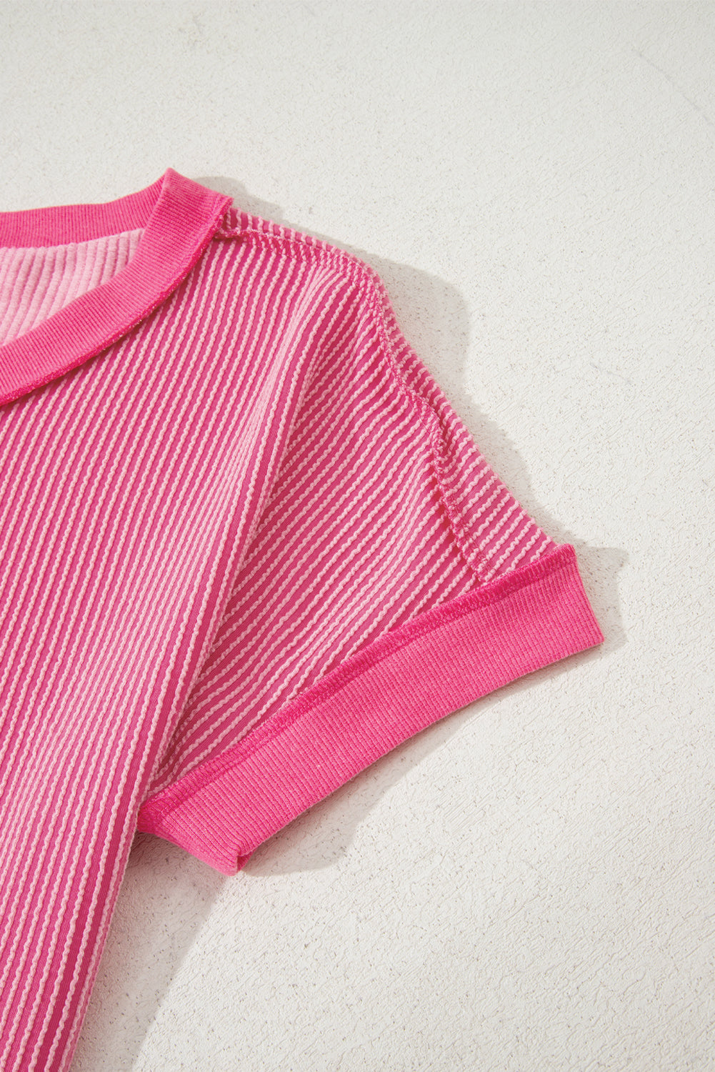 Rose Red Twisted Ribbed Knit V Neck Casual Tee-Tops/Tops & Tees-[Adult]-[Female]-2022 Online Blue Zone Planet
