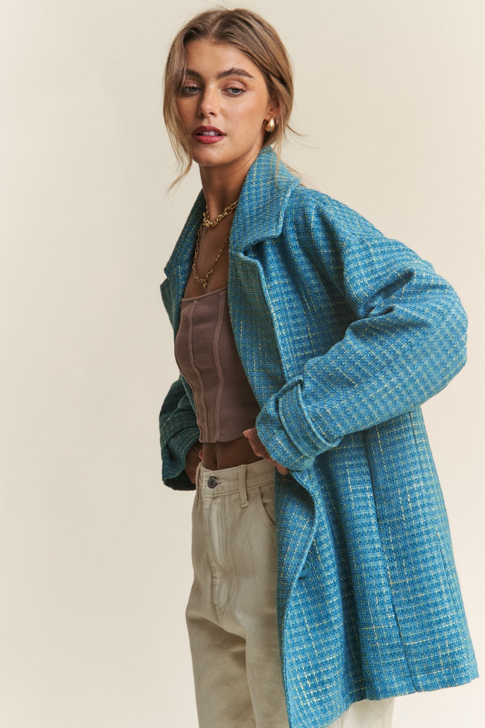 J.NNA Tweed Double-Breasted Long Sleeve Coat-TOPS / DRESSES-[Adult]-[Female]-2022 Online Blue Zone Planet