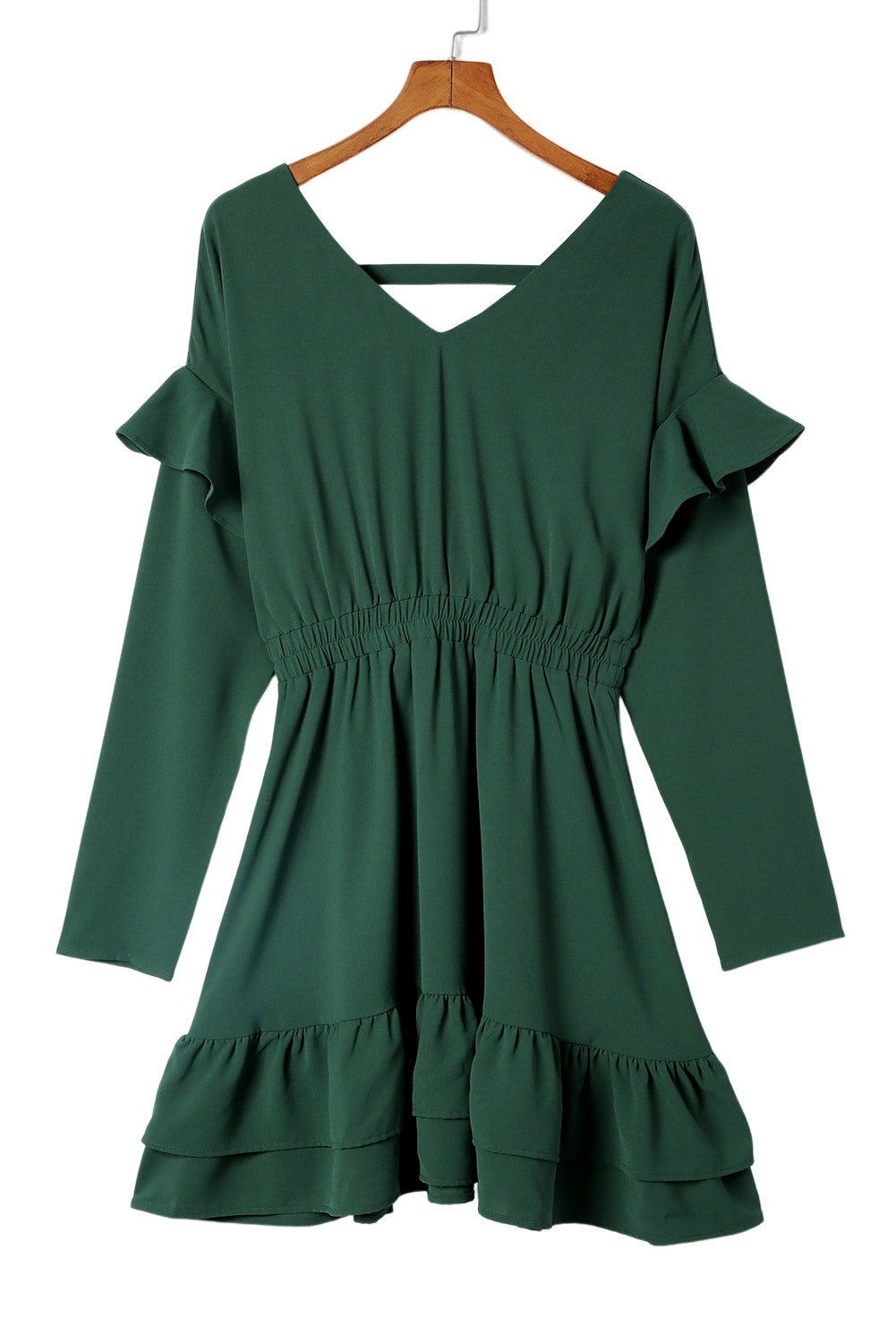 Blue Zone Planet | Green Solid Color Ruffled V Neck High Waist Mini Dress-TOPS / DRESSES-[Adult]-[Female]-2022 Online Blue Zone Planet