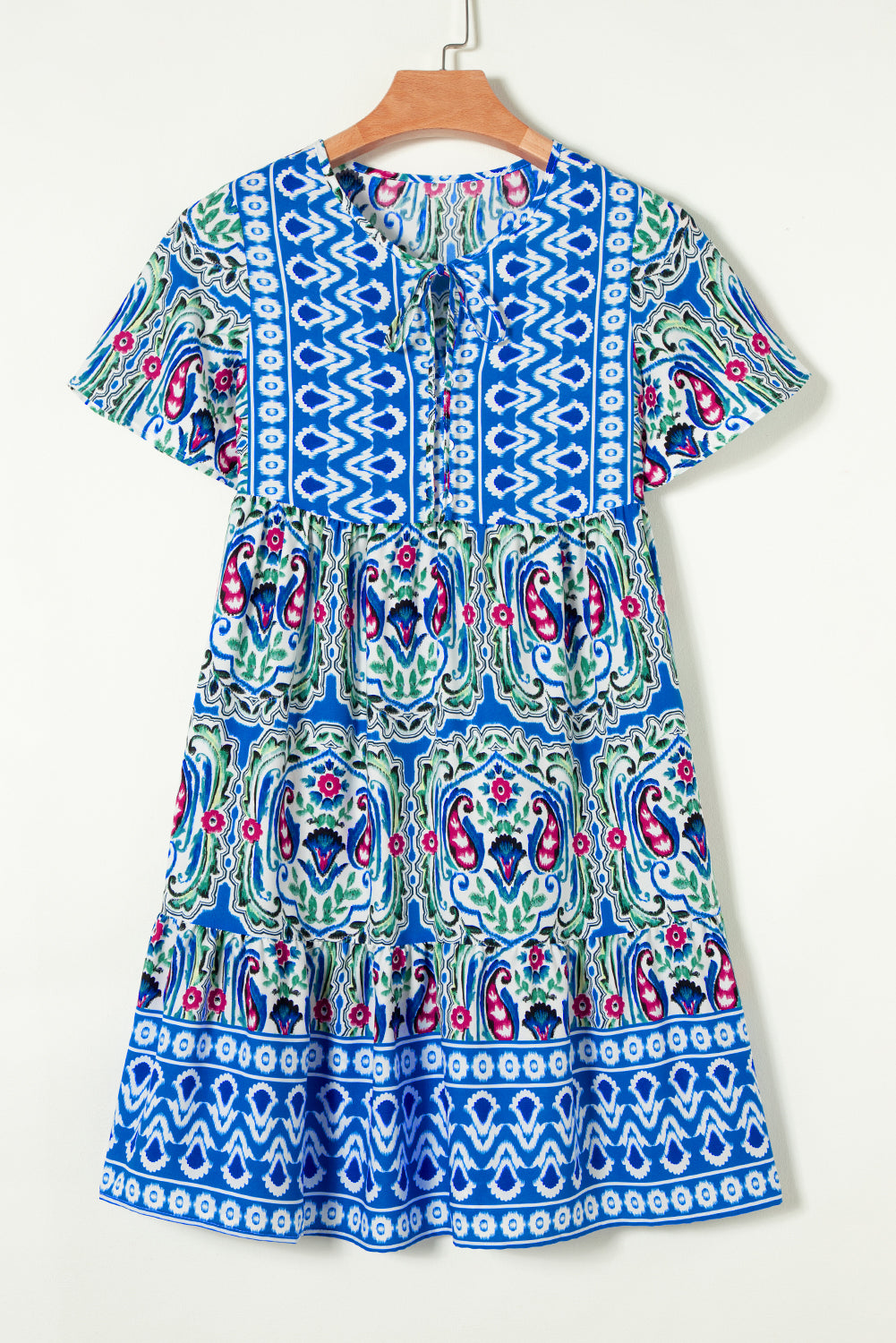 Blue Zone Planet |  Pink Bohemian Print Tie Neck Ruffle Hem Short Dress Blue Zone Planet