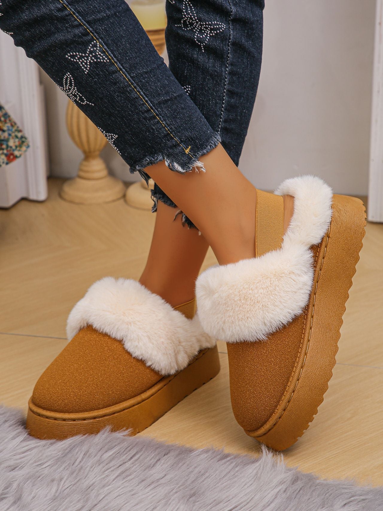 Blue Zone Planet | Faux Fur Round Toe Platform Slippers-SHOES-[Adult]-[Female]-2022 Online Blue Zone Planet