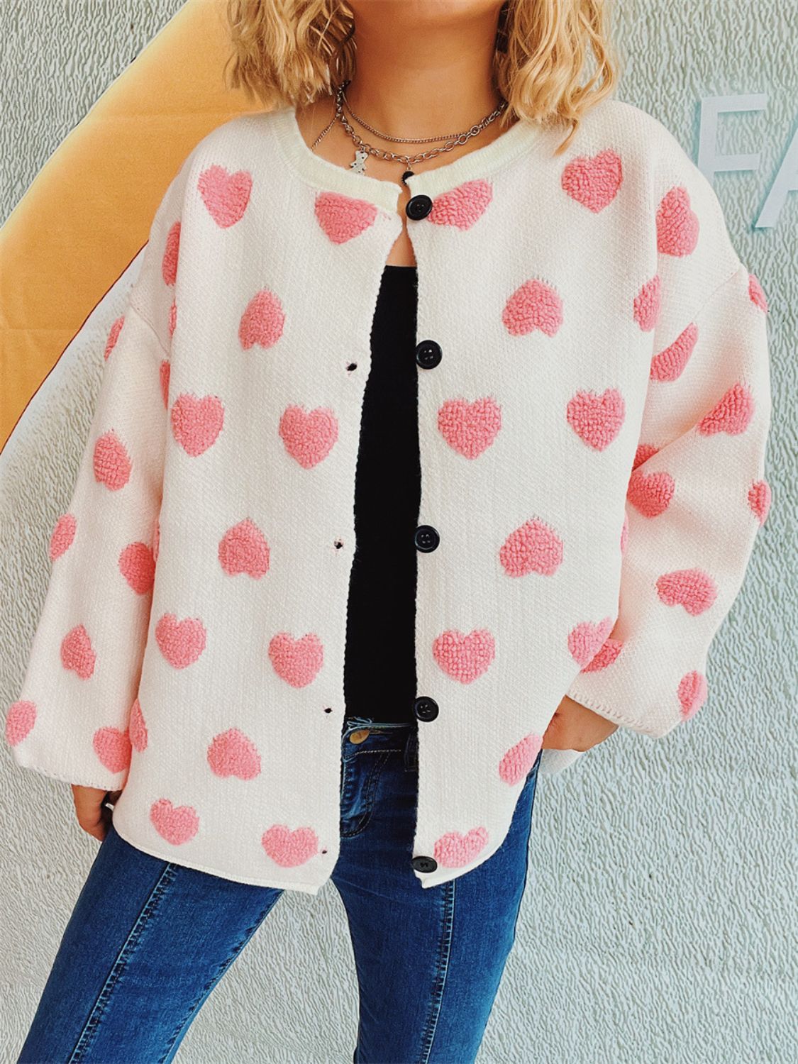 Heart Button Up Long Sleeve Cardigan-TOPS / DRESSES-[Adult]-[Female]-2022 Online Blue Zone Planet