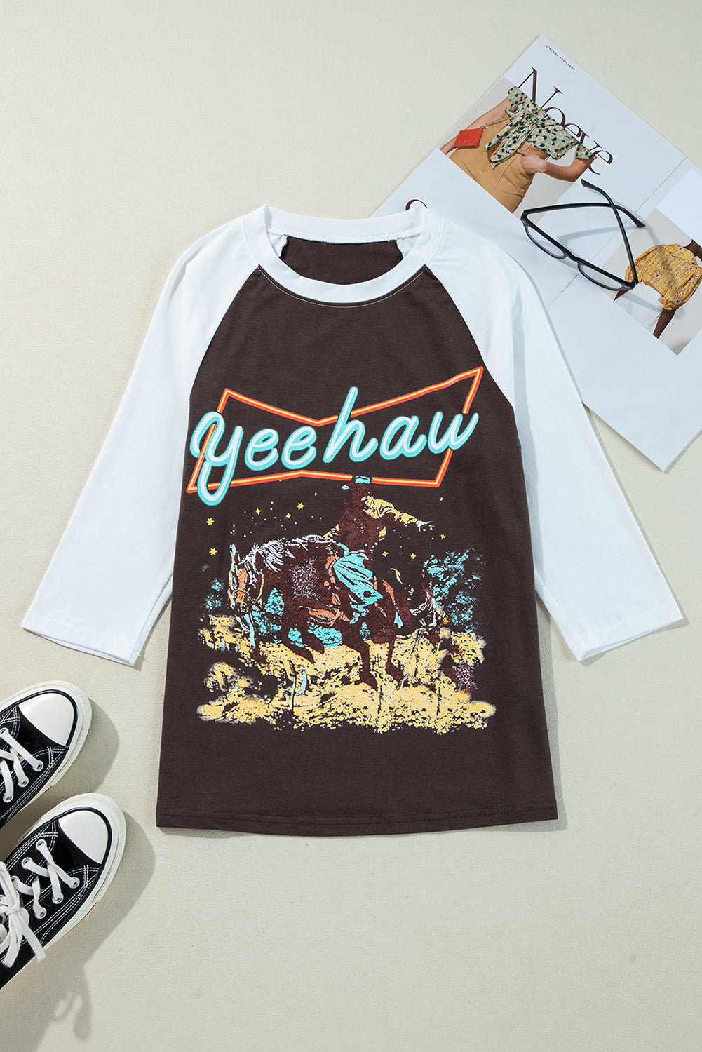 Brown Western Yeehaw Graphic Vintage Raglan Long Sleeve Top-Graphic/Graphic Long Sleeve Tees-[Adult]-[Female]-2022 Online Blue Zone Planet