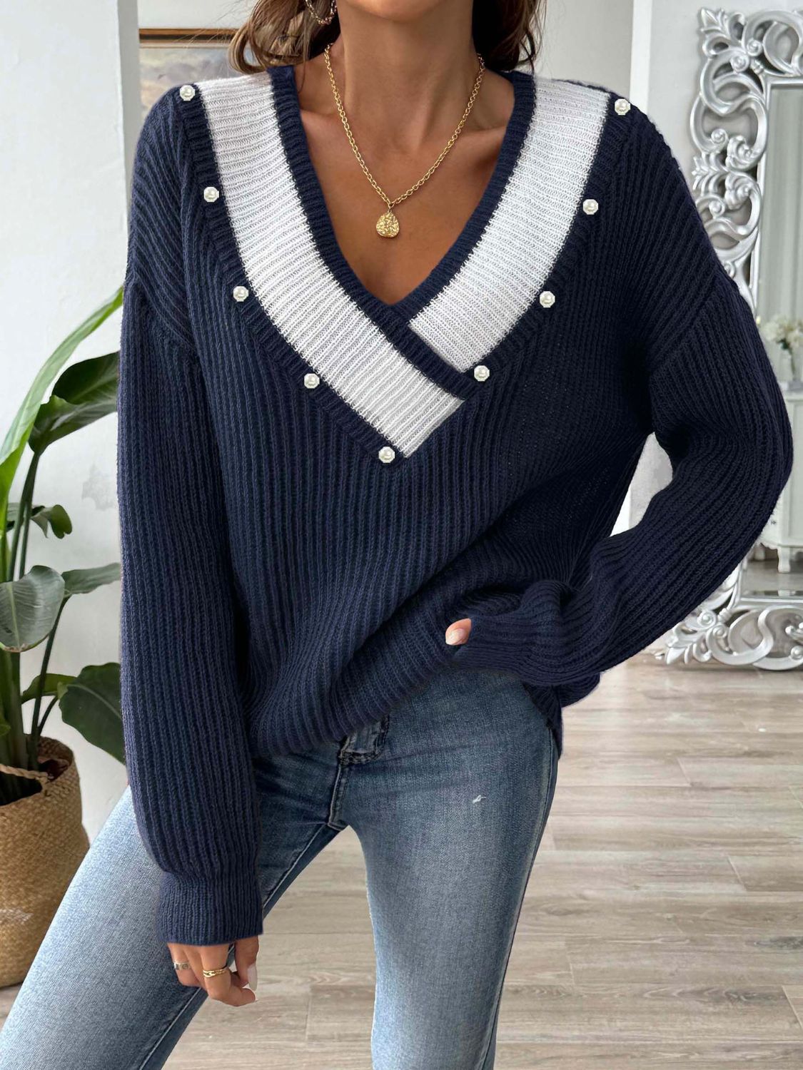 Contrast Trim Dropped Shoulder Long Sleeve Sweater-TOPS / DRESSES-[Adult]-[Female]-2022 Online Blue Zone Planet