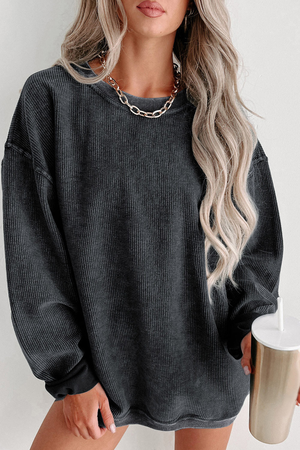 Khaki Solid Ribbed Knit Round Neck Pullover Sweatshirt-Tops/Sweatshirts & Hoodies-[Adult]-[Female]-2022 Online Blue Zone Planet