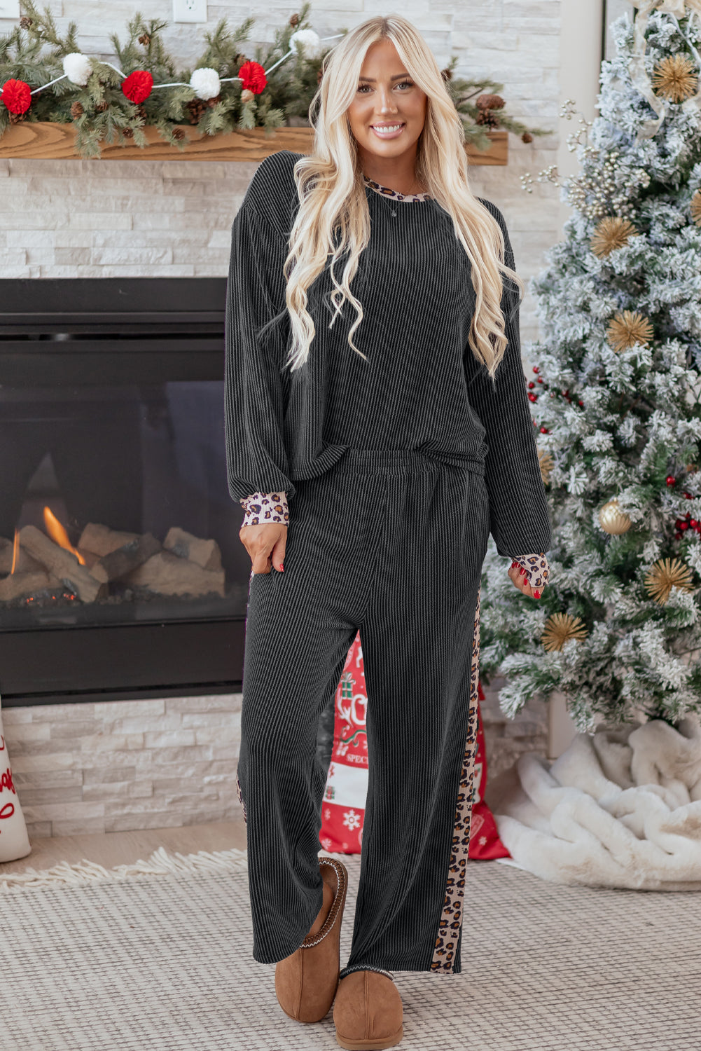 Carbon Grey Twisted Rib Texture Leopard Patchwork Detail 2pcs Pant Set-Two Piece Sets/Pant Sets-[Adult]-[Female]-2022 Online Blue Zone Planet