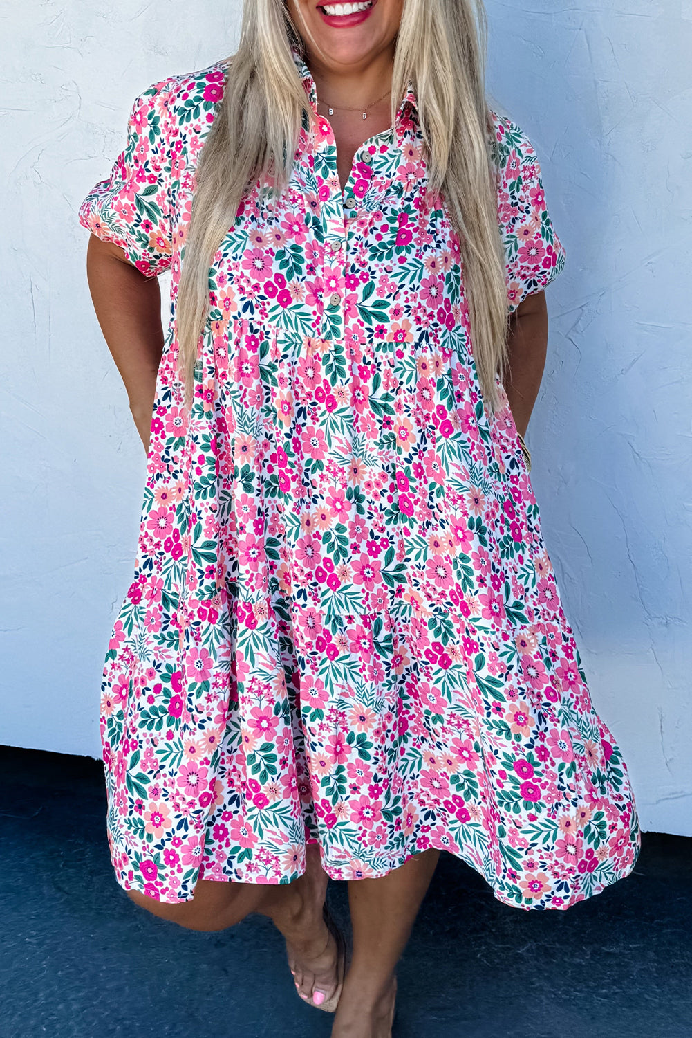 Pink Plus Size Floral Half Button Short Puff Sleeve A-line Dress-TOPS / DRESSES-[Adult]-[Female]-Pink-1X-2022 Online Blue Zone Planet