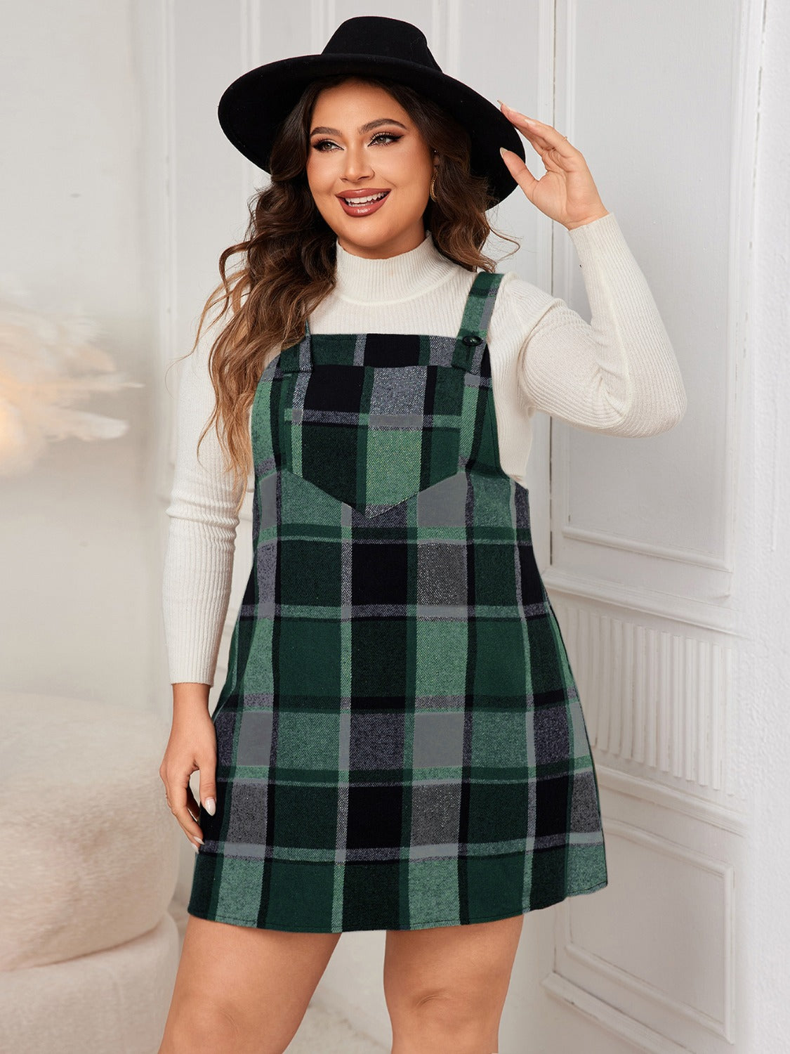 Blue Zone Planet | Plus Size Plaid Wide Strap Overall Dress-TOPS / DRESSES-[Adult]-[Female]-Dark Green-1XL-2022 Online Blue Zone Planet