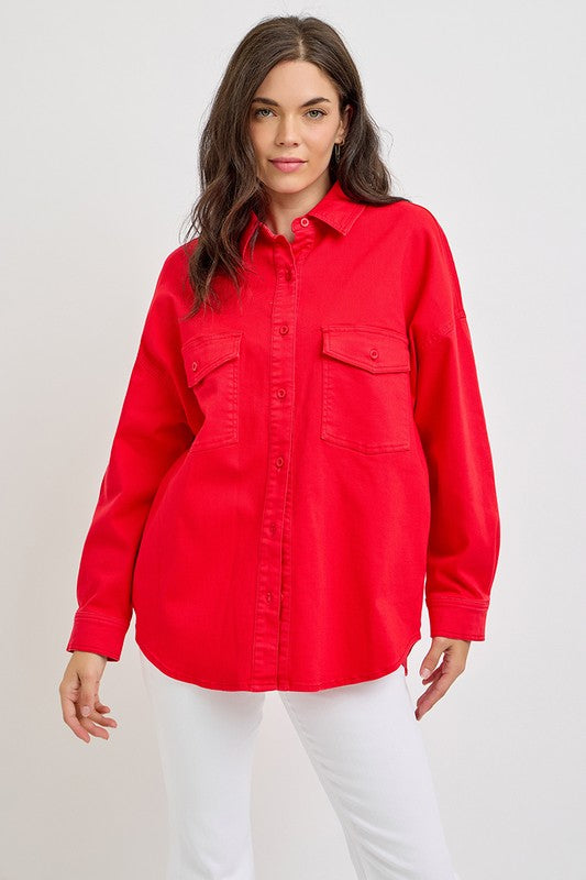 RISEN Button Down Long Sleeve Denim Shacket with Chest Pockets-TOPS / DRESSES-[Adult]-[Female]-Scarlet-S-2022 Online Blue Zone Planet