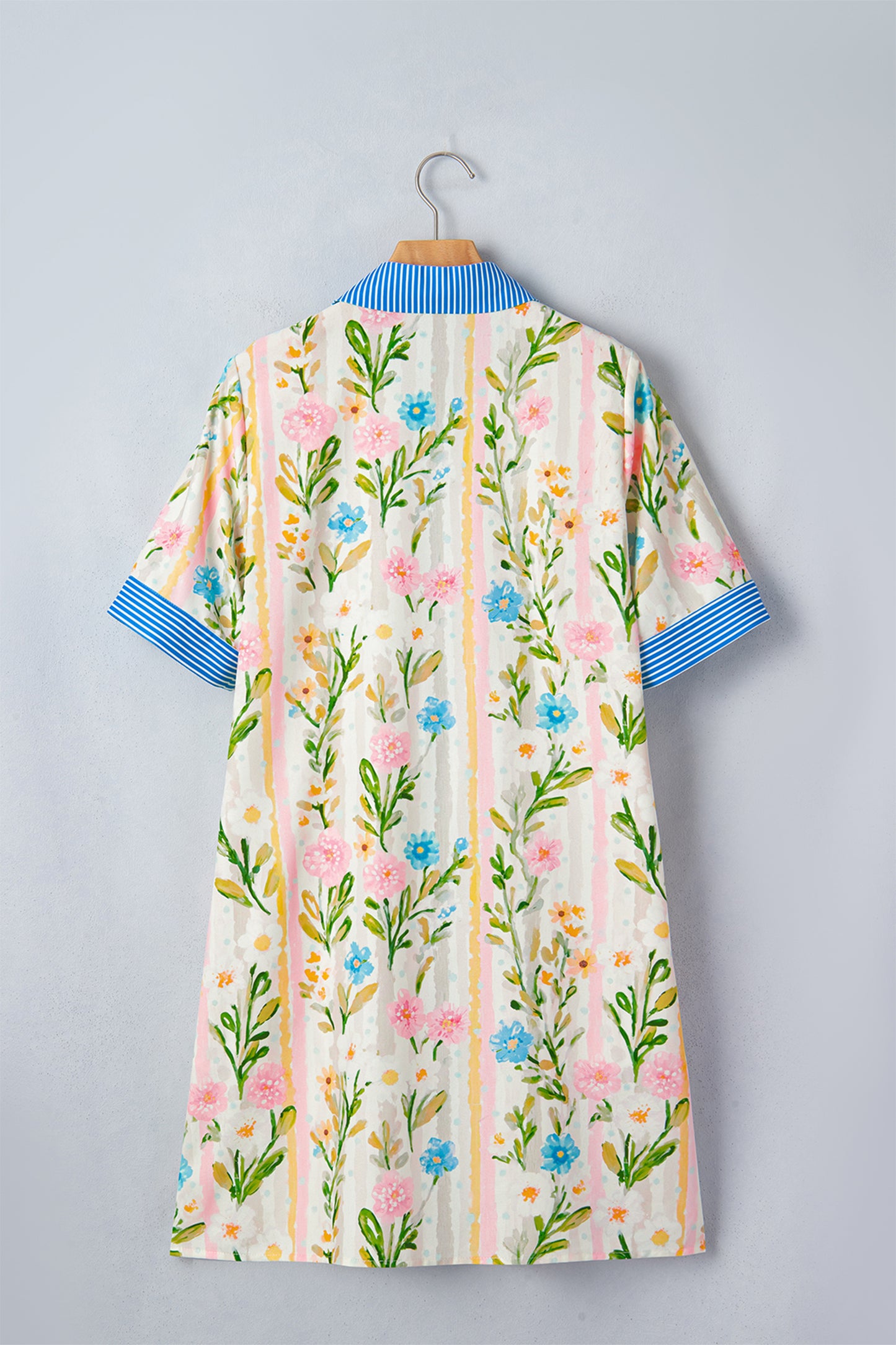 Multicolour Floral Print Striped Trim Button Down Shift Dress-Dresses/Mini Dresses-[Adult]-[Female]-2022 Online Blue Zone Planet