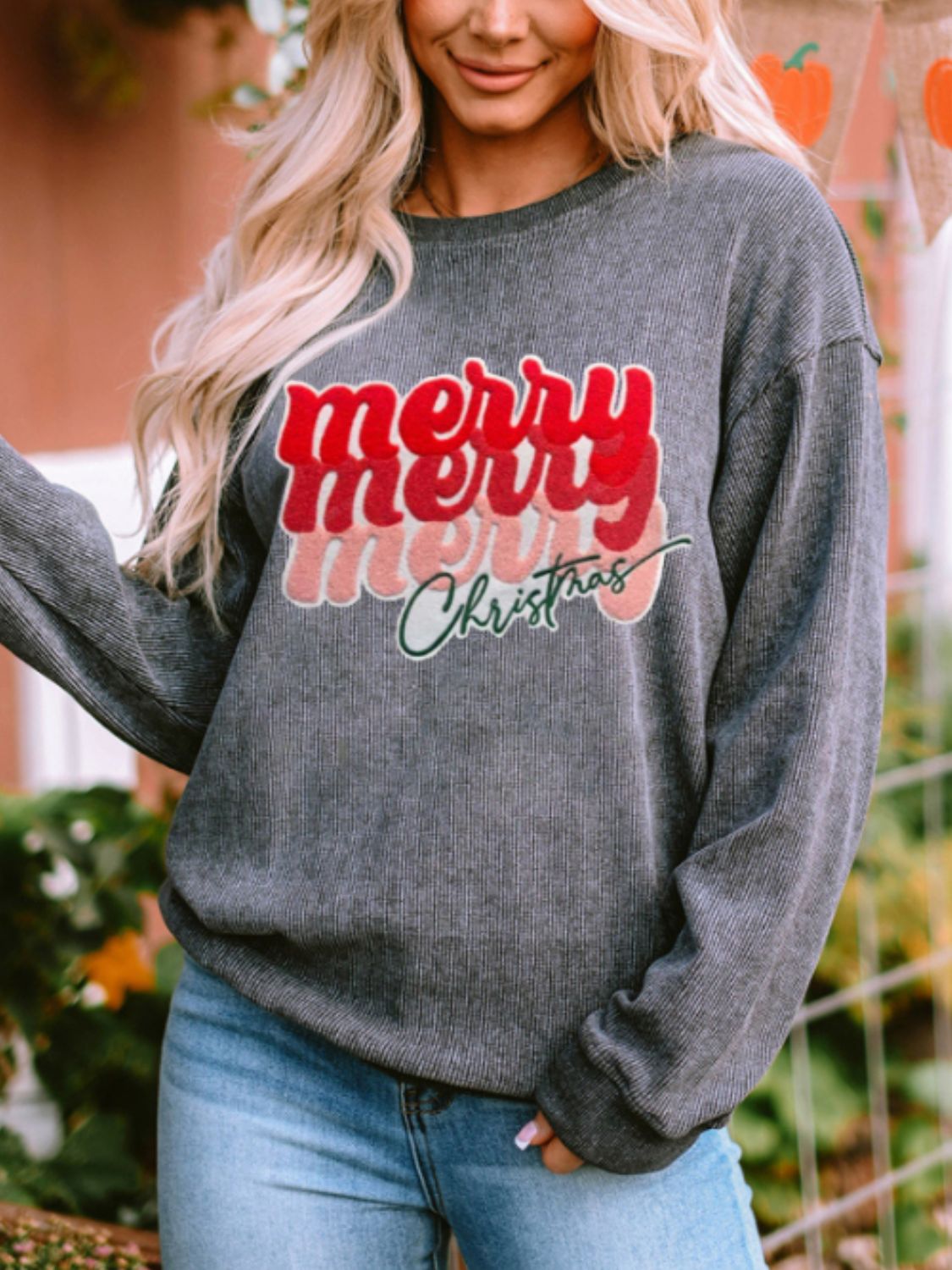 Full Size MERRY CHRISTMAS Round Neck Long Sleeve Sweatshirt-TOPS / DRESSES-[Adult]-[Female]-2022 Online Blue Zone Planet