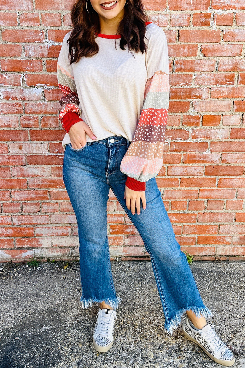 Jet Stream Contrast Leopard Color Block Sleeve Loose Pullover-Tops/Long Sleeve Tops-[Adult]-[Female]-2022 Online Blue Zone Planet