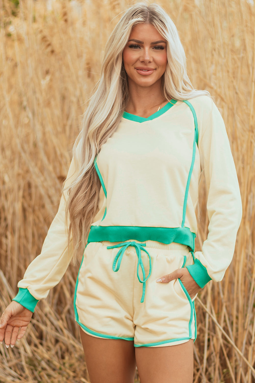 White Contrast Trim Colorblock Long Sleeve Pullover and Drawstring Shorts 2pcs Outfit-Two Piece Sets/Short Sets-[Adult]-[Female]-2022 Online Blue Zone Planet