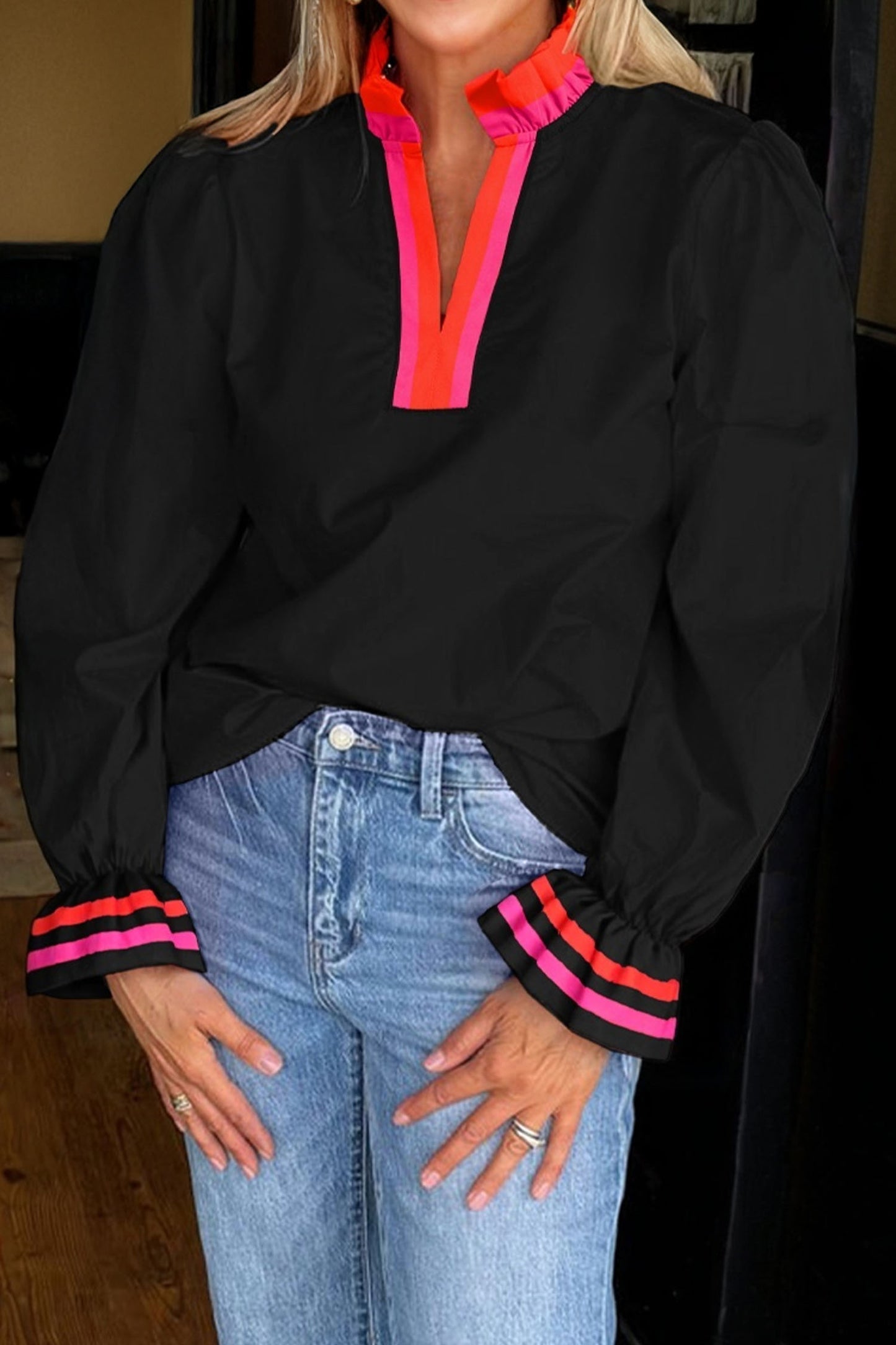 Black Striped Trim Ruffle Split Neck Long Sleeve Blouse-Tops/Blouses & Shirts-[Adult]-[Female]-2022 Online Blue Zone Planet