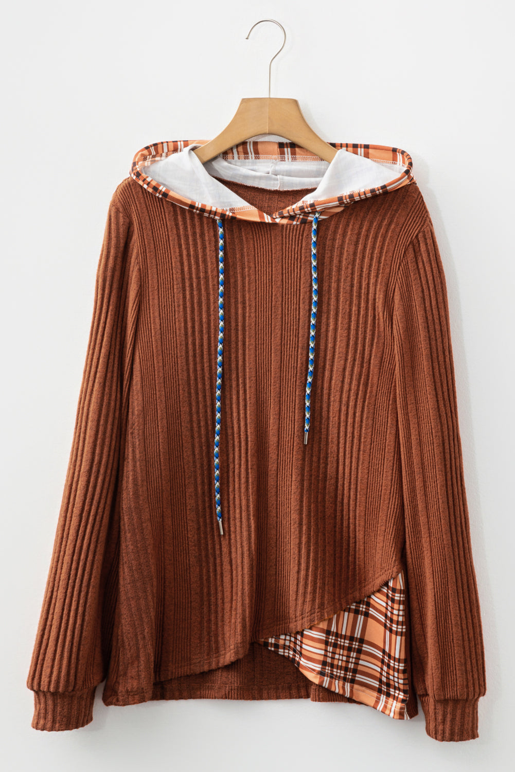 Chestnut Plaid Patchwork Ribbed Knit Drawstring Hooded Top-Tops / Dresses-[Adult]-[Female]-2022 Online Blue Zone Planet