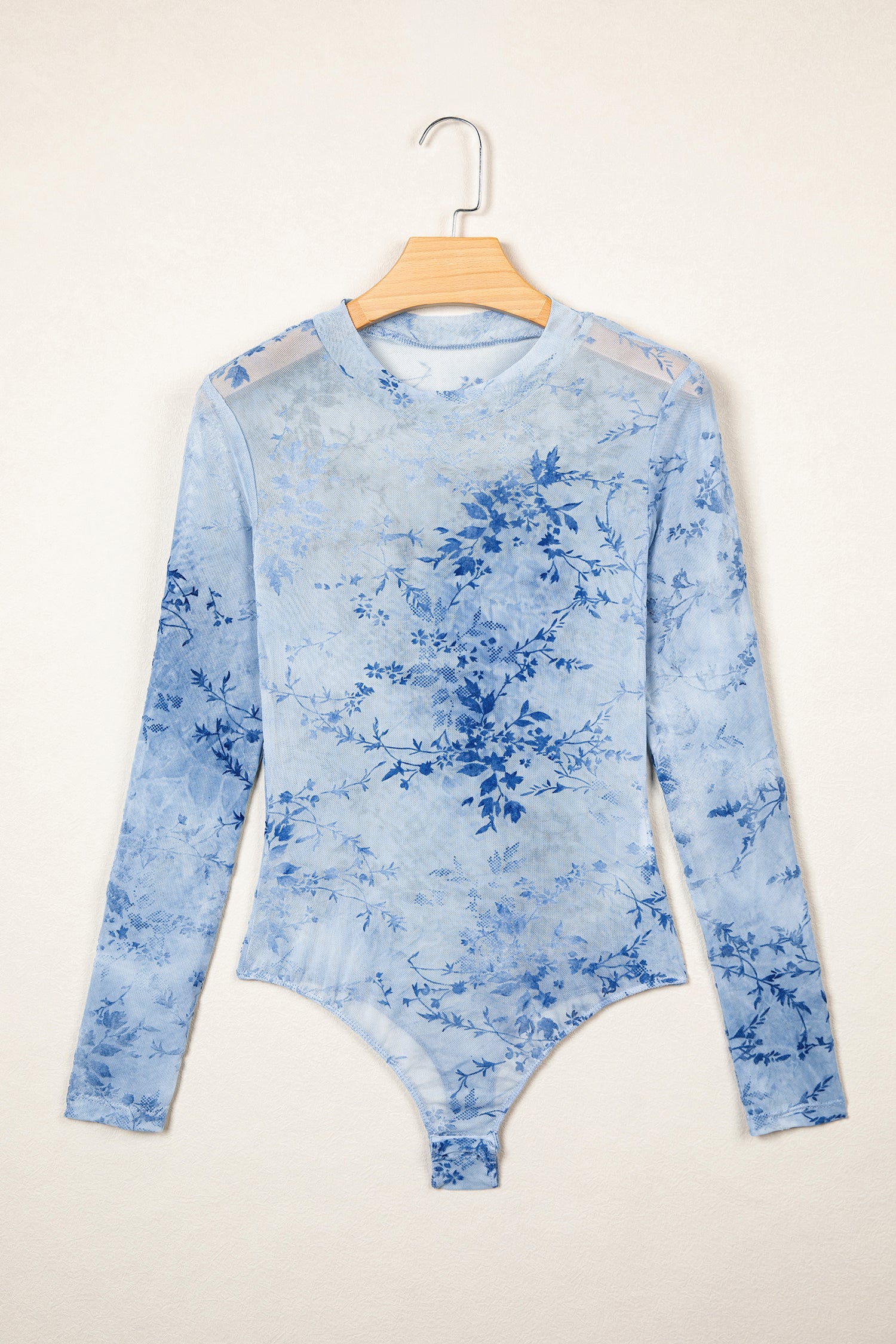 Sky Blue Sheer Mesh Floral Printed Mock Neck Long Sleeve Bodysuit-Tops/Bodysuits-[Adult]-[Female]-2022 Online Blue Zone Planet