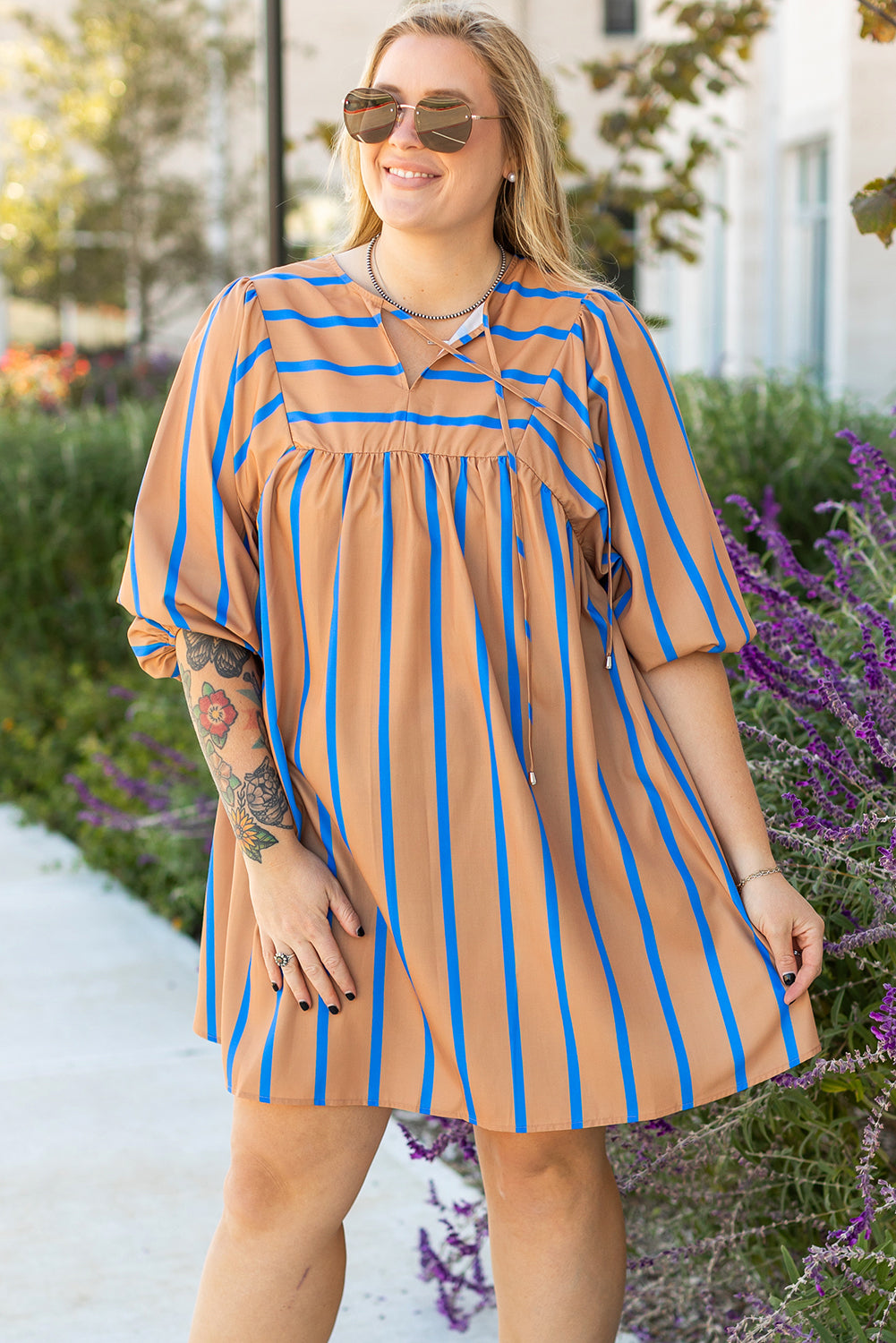 Blue Zone Planet | Khaki Stripe Contrast Striped Print 3/4 Sleeve Babydoll Plus Size Dress-TOPS / DRESSES-[Adult]-[Female]-2022 Online Blue Zone Planet