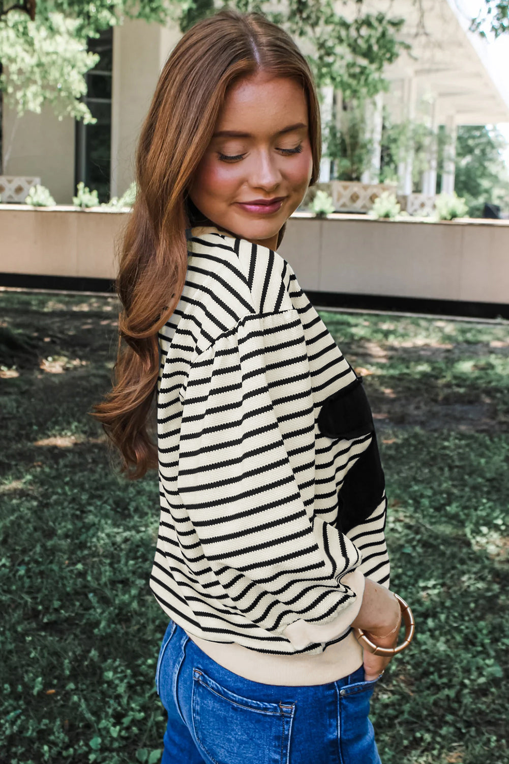 Black white Striped Big Flower Patched 3/4 Sleeve Top-Tops/Long Sleeve Tops-[Adult]-[Female]-2022 Online Blue Zone Planet