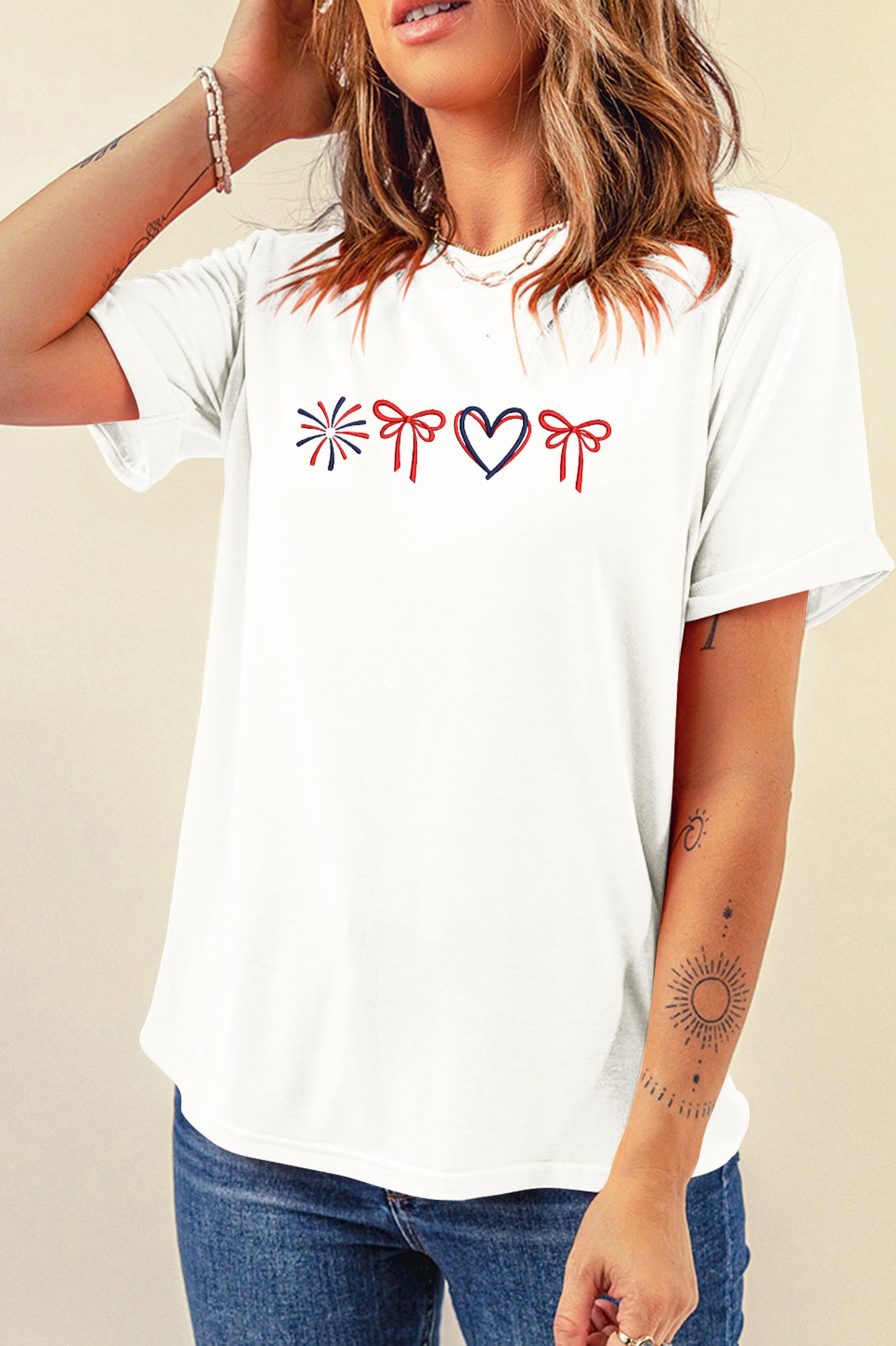 White Love July 4th Firework Bow Embroidered T Shirt-Graphic/Graphic Tees-[Adult]-[Female]-2022 Online Blue Zone Planet
