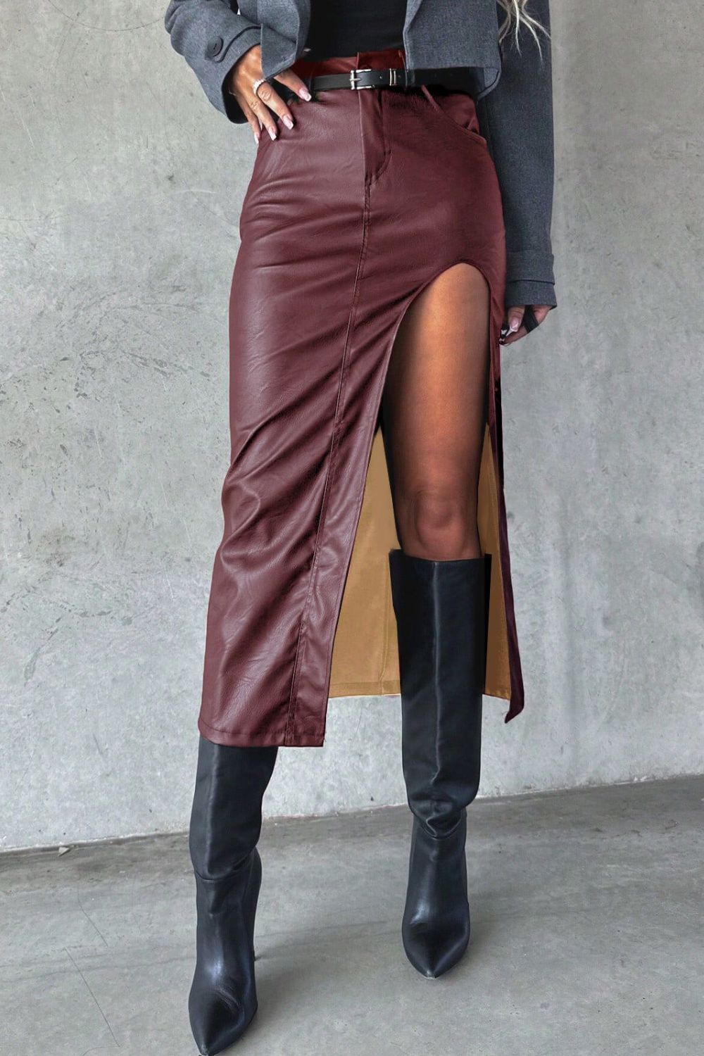 Blue Zone Planet | Slit Midi Skirt with Pockets-BOTTOMS SIZES SMALL MEDIUM LARGE-[Adult]-[Female]-Burgundy-S-2022 Online Blue Zone Planet