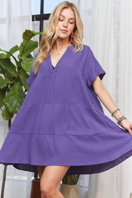 ADORA Tiered Notched Short Sleeve Dress-TOPS / DRESSES-[Adult]-[Female]-Purple-S-2022 Online Blue Zone Planet