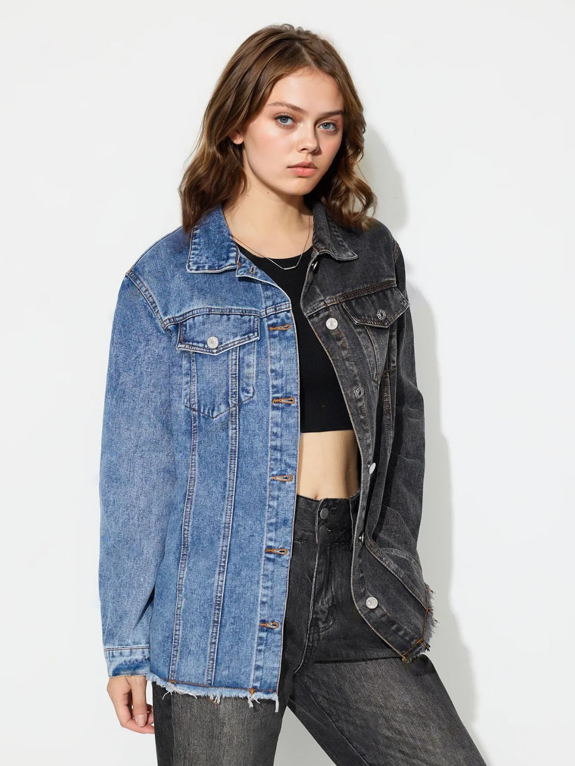 Raw Hem Contrast Collared Neck Denim Top-TOPS / DRESSES-[Adult]-[Female]-Medium-XS-2022 Online Blue Zone Planet