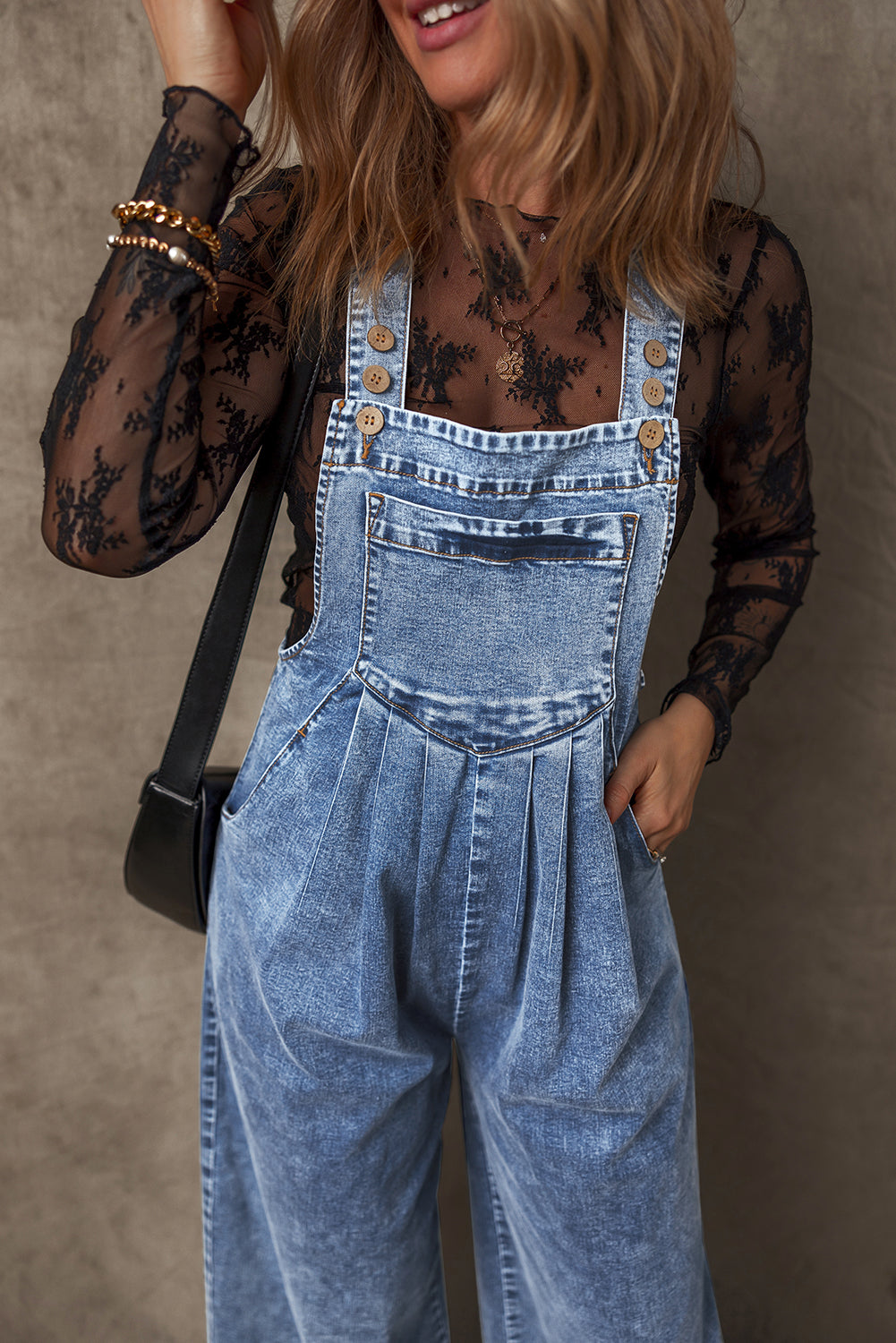 Blue Zone Planet | Light Blue Mineral Wash Buttoned Straps Wide Leg Denim Overalls-Bottoms/Jumpsuits & Rompers-[Adult]-[Female]-2022 Online Blue Zone Planet