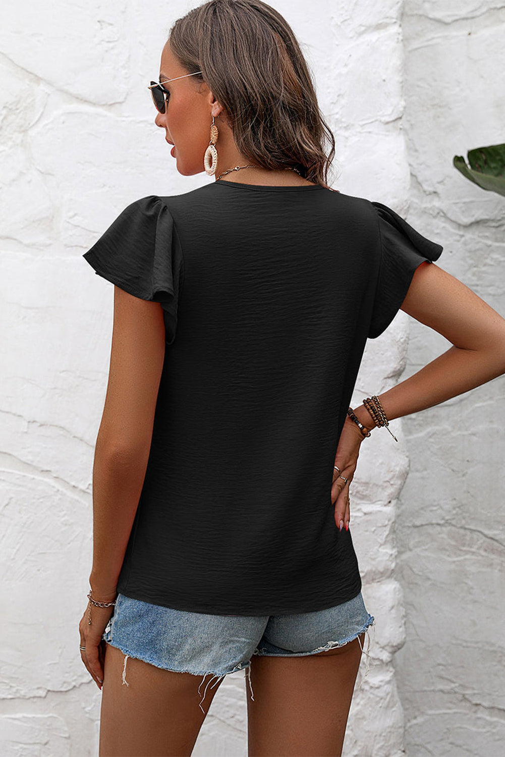 Black Solid Color Textured Pleated Flutter Sleeve Blouse-Sale (50% OFF)/20% OFF-[Adult]-[Female]-2022 Online Blue Zone Planet